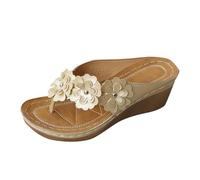 Pantoufles d'été pour femme - Trois fleurs - Commerce extérieur - Fond épais - Talon compensé - Bout à clip - Plage à chevrons - Sandales pour femme - Pantoufles en fourrure avec sangle, doré, 38.5 EU