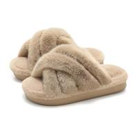 Pantoufles d'hiver floues à Bandes croisées pour Femmes, Chaussures d'intérieur et d'extérieur rembourrées en Mousse à mémoire de Forme, Diapositives à Plateforme Chaudes antidérapantes,Camel,41 EU
