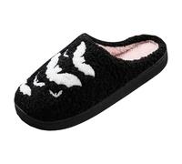 Pantoufles d'intérieur en polaire et mousse à mémoire de forme pour femme - Chaussons fantaisie en peluche noire - Semelle souple antidérapante - Mules confortables - Pour Halloween, couloir ou soirée
