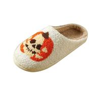 Pantoufles d'intérieur pour femme 2025 - Serviettes d'Halloween brodées - En coton - Antidérapantes - Pour l'automne et l'hiver - Chaudes - effrayantes - Citrouille, 2 blanches., 38 EU