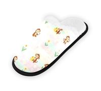 Pantoufles douces et antidérapantes pour chambre à coucher, hôtel, voyage, spa, motif singe curieux et fleur