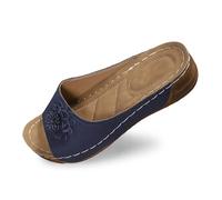 Pantoufles élégantes pour femme avec bout ouvert, talon compensé, dessus en cuir, motif floral, pour un confort plein de tempérament pour les loisirs, les vacances