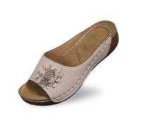 Pantoufles élégantes pour femme avec bout ouvert, talon compensé, dessus en cuir, motif floral, pour un confort plein de tempérament pour les loisirs, les vacances