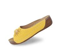 Pantoufles élégantes pour femme avec bout ouvert, talon compensé, dessus en cuir, motif floral, pour un confort plein de tempérament pour les loisirs, les vacances