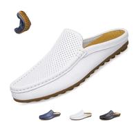 Pantoufles en Cuir Creux pour Hommes, Mocassins Plats À Bout Rond Et Dos Nu(White,45 EU)