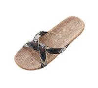 Pantoufles en lin pour femme - Mules d'été - Sandales de plage respirantes - Chaussures de bain confortables - Anti-transpiration - Chaussures de loisirs légères - Tongs - Bout ouvert - Chaussons en