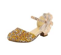 Pantoufles Enfant 34 Filles Chaussures à Talon Bas Strass Arcs Talon Bas Princesse Fête de Mariage pour Petits Enfants Chaussures de Marche Bébé, or, 31 EU