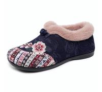 Pantoufles ethniques brodées en peluche pour femme - Coupe large - Style bohème - Motif floral - Boutons - Pour l'hiver - Chaudes - Doublure en polaire, bleu, 40 EU