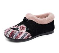 Pantoufles ethniques brodées en peluche pour femme - Coupe large - Style bohème - Motif floral - Boutons - Pour l'hiver - Chaudes - Doublure en polaire, Noir , 40 EU