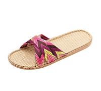 Pantoufles légères en lin pour femme - Mules pour femme - Largeur H - En rotin - Pour le printemps - Bambou - Style bohème - Sandales plates - Chaussures de plage - Appartements, Rose, 37 EU