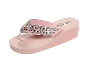 Pantoufles Mode Été Femmes Strass Compensées Tongs Chaussures de Plage Décontractées (38,Rose)
