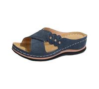 Pantoufles orthopédiques à talon compensé pour femme - En cuir - Vintage - Chaussures d'été - Loisirs - Avec talon et semelle intérieure - Chaussures de plage à bout ouvert, Marine, 38