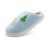 Pantoufles pelucheuses à coupe large pour homme et femme - Bout fermé - Joli arbre de Noël - Imprimé renne - Pantoufles unisexes tendance décontractées avec semelles antidérapantes - Chaudes et
