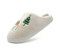 Pantoufles pelucheuses à coupe large pour homme et femme - Bout fermé - Joli arbre de Noël - Imprimé renne - Pantoufles unisexes tendance décontractées avec semelles antidérapantes - Chaudes et