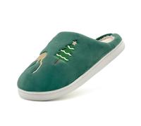 Pantoufles pelucheuses à coupe large pour homme et femme - Bout fermé - Joli arbre de Noël - Imprimé renne - Pantoufles unisexes tendance décontractées avec semelles antidérapantes - Chaudes et
