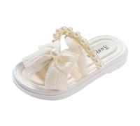 Pantoufles pour enfants et filles - Chaussons confortables avec semelle souple - Nœud papillon tendance - Sandales de plage avec perles, beige, 28 EU