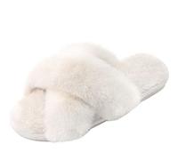 Pantoufles pour femmes, bretelles croisées, peluche douce, pantoufles à bout ouvert en fourrure et confortables, fourrure de lapin artificielle d'intérieur et d'extérieur, Blanc, 36-37 EU