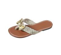 Pantoufles pour femmes - Tongs de plage pour femme - Avec strass et perles - Sandales plates - Perméables à l'air - Sandales plates à enfiler - Confortables - En textile, or, 41 EU