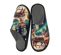 Pantoufles pour homme avec trois rennes Aurora - Chaudes et pelucheuses - Semelles antidérapantes pour intérieur/extérieur, Aurore à trois rennes, 37.5/38 EU