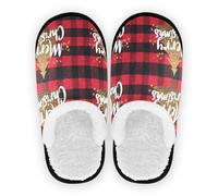 Pantoufles pour homme et femme en polaire corail avec semelle antidérapante, Merry Christmas Buffalo Plaid Rouge, Medium