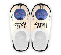 Pantoufles pour homme et femme - Polaire pelucheuse antidérapante - Chaudes - Pour la maison, l'hôtel, le voyage, la chambre à coucher, l'avion - Taille M, Bonjour Cartoon Mignon Bleu Myrtille, Medium