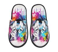 Pantoufles Unisexes Loup Coloré Et Cool Maison Chaussures Doublées En Peluche Confort Pantoufles À La Maison, Pour Hommes, Mariage, Fête, M