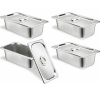 PANTSLINE Lot de 4 poêles de service alimentaire en acier inoxydable avec couvercles - 1/3 de taille 1/3 - 10 cm de profondeur - Pour cuisine, hôtel, restauration, buffet, restaurant, fête et
