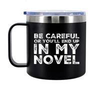 Panvola Soyez prudent ou vous finirez dans mon roman Cadeaux d'écrivain Auteur Tasse à café isotherme 14 oz avec poignée et couvercle Gobelet iso