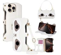PanXCase Coque pour iPhone 16 Plus, Étui à Rabat Wallet en Cuir avec Cordon 3 Porte Carte, Miroir Intégré, Magnétique Forme du Raton Housse (Blanc)