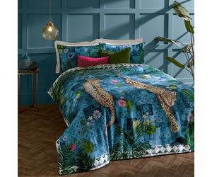 Paoletti Majorelle Ensemble De Housse De Couette - Réversible Marocain Botanique Léopard avec Bord Passepoilé Literie De Luxe (Bleu Azur - King UK Standard - 230x220cm)