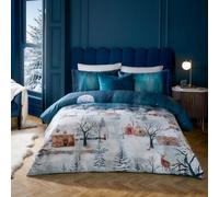 Paoletti Parure de lit Starlight - Parure de lit de Luxe en Satin de Coton 200 Fils au Pouce carré Motif Winter Village (Bleu Nuit - Super King)