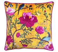 Paoletti Riva Coussin Rempli Jaune - Chinoiserie Oiseau Fleur Imprimer - Canalisé Edges - Lavable Machine - 100 Cas (20" X 20" Pouces), Polyester, Or, 50 X 50 Cm