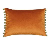 Paoletti Riva Fiesta Coussin Rectangulaire Couverture - Rouille Orange - Vert Kaki Pompon Edges - Faux Velours - Réversible - Zip De Fermeture - 100% Polyester - 35 X 50 Cm (14" X 20" Pouces)