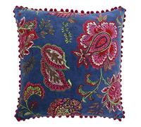 Paoletti Riva Malisa Carrée Plume Rempli Coussin Paisley Indien Imprimer - Faux Velours Tissu - Rose Pompon Edges - Lavable Machine - 100 (20" X 20" Pouces), Coton, Blue Smoke, 50 X 50 Cm