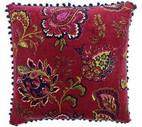 Paoletti Riva Malisa Coussin Carré Couverture - Grenade Red - Paisley Indian Imprimer - Faux Velours Tissu - Bleu Pompon Edges - Lavable Machine - 100% Coton - 50 X 50 Cm (20" X 20" Pouces)
