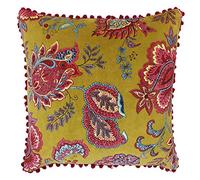 Paoletti Riva Malisa Place Plumes Coussin Rempli Jaune - Paisley Indien Imprimer - Faux Velours Tissu - Rose Pompon Edges - Lavable Machine - 100 (20" X 20" Pouces), Coton, Citron Curry, 50 X 50 Cm