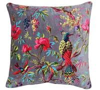Paoletti Riva Paradise Place Plumes Coussin Rempli Purple - Oiseau Coloré Imprimer - Faux Velours Tissu - Lavable Machine - 100 Cas (20" X 20" Pouces) - Conçu Au Royaume-Uni, Coton, 50 X 50 cm, Mink