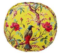 Paoletti Riva Paradise Round Coussin Acacia Yellow Bird Colorful Imprimer Couverture Velours Tissu Edges Stitched 100% Coton 50 X 50 X 12 Cm (20" X 20" X 5" Pouces), 50 X 50 Cm (20" X 20")