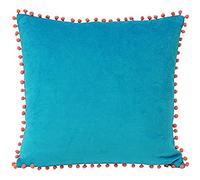 Paoletti Riva Polyester Coussin Rempli Bleu - Faux Velours Tissu - Contrastante Corail Orange Pompon Edges - Fermeture Cachée Zip - 100% Souple (18" X 18" Pouces), Coton, Teal, 45 X 45 Cm