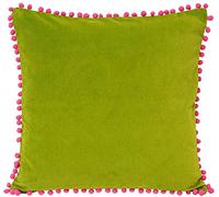 Paoletti Riva Velvet Pompon Coussin - Vert - Faux Velours Tissu - Contrastante Rose Fuchsia Pompon Edges - Fermeture Cachée Zip - 100% Coton - 45 X 45 Cm (18" X 18" Pouces)