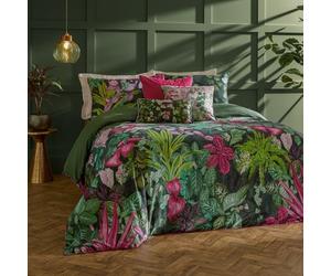 Paoletti Veadeiros Ensemble De Housse De Couette - Réversible Botanique Aquarelle Jungle avec Bord Passepoilé Literie De Luxe (Rose/Vert - Super King - 260x220cm)
