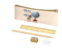 Paolo Chiari - Ligne Maestri, ensemble scolaire en coton avec étui décoré avec crayon, règle et taille-crayon en bois, 4 pièces, nature, 20x8,5 cm, Mappemonde Maestro