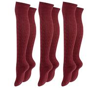 Paolo Renzo Chaussettes Hautes de Cuisse Montantes Tricot Chaud Femme en Coton Lot de 3 Paires Chaussettes Hautes de Cuisses d’Hiver Bas Cuissardes Taille 36/41 Rouge Bordeaux