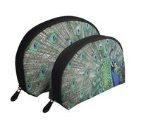 Paon affichant des Plumes, des Ailes Ouvertes, Trousse de Maquillage Coquille Femme Petit Porte-Monnaie Trousse de Toilette Trousse à cosmétiques 2 pièces