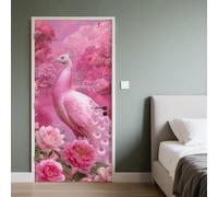 Paon Rose Stickers Porte Pivoine Sticker Mural Auto-adhésif 3D 77x200cm Autocollant Porte Papillon Rose Poster Papier Peint PVC Imperméable Amovible pour Maison Déco