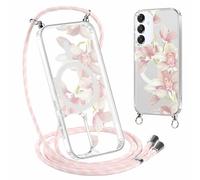 Paovkoi Coque Magnétique pour Samsung Galaxy S24 5G avec Cordon, Aesthetic Fleur Hibiscus été Motif Etui avec Collier [Compatible avec MagSafe], Silicone Housse Bumper pour Samsung S24 5G 6,2'' - 01