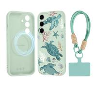Paovkoi Coque Magnétique pour Samsung Galaxy S24 5G avec Cordon, Aesthetic Tortue été Motif Etui avec Dragonne [Compatible avec MagSafe], Vert Silicone Housse Bumper pour Samsung S24 5G 6,2'' - 01