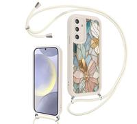 Paovkoi Coque pour Samsung Galaxy S24 5G avec Cordon, Aesthetic Fleur Motif Blanc Silicone Etui avec Réglable Collier, Protection Portable Antichoc Housse Bumper Case pour Samsung S24 5G 6,2'' - 01
