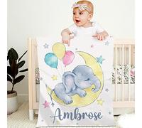 papasgix Personnalisée Couverture Bébé avec Nom 90x120cm, Couvertures en Polaire Personnalisées pour Enfant Bébé Garçon Fille,Plaid Couverture Bébé Douce et Confortable Cadeaux(Éléphant de Lune)