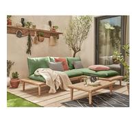 Papeete - salon bas de jardin avec coussins vert - 4 places + table - en bois d'acacia FSC 100% - Vert / Beige